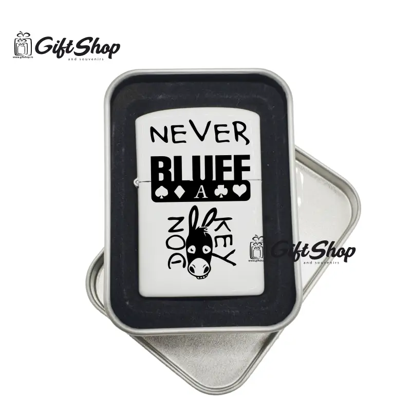 Never bluff a donkey bricheta metalica gravata laser cu mesaj